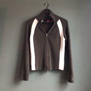 Ladies Full Zip sweater olive green with cream and tan panels size large